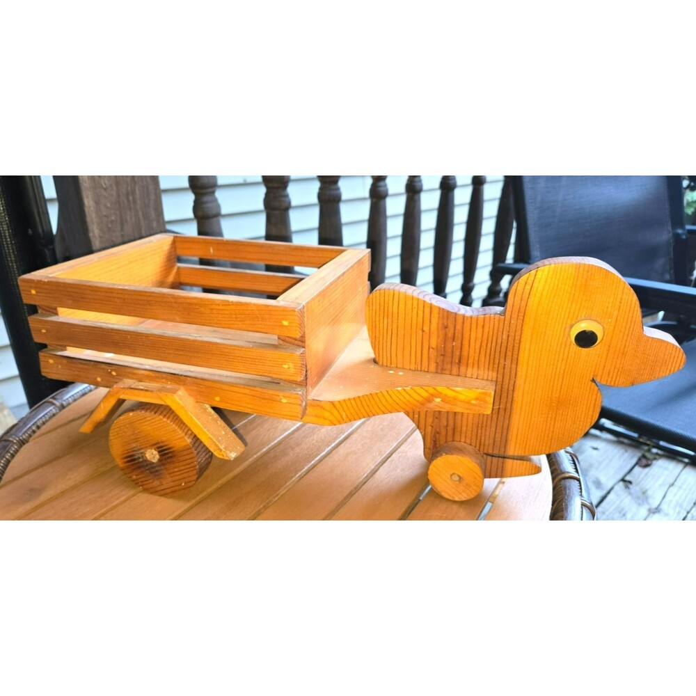 Vintage Handmade Wooden Duck Rolling Planter Wagon / Farmhouse Toy